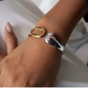 J&D Minimalist 18K Gold and Stainless Steel Two Tone INS Network Celebrity Glossy Hollow Open Bracelets