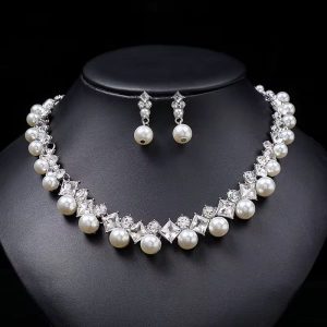 Chic Pearl & Gemstone Necklace Set Fashionable Alloy Jewelry for Party & Wedding