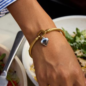 J&D Trendy Two Tone Heart Pendant Bracelet for Women 18K Gold Plated Horseshoe Clasp Shiny Smooth Minimalist Fine Jewelry