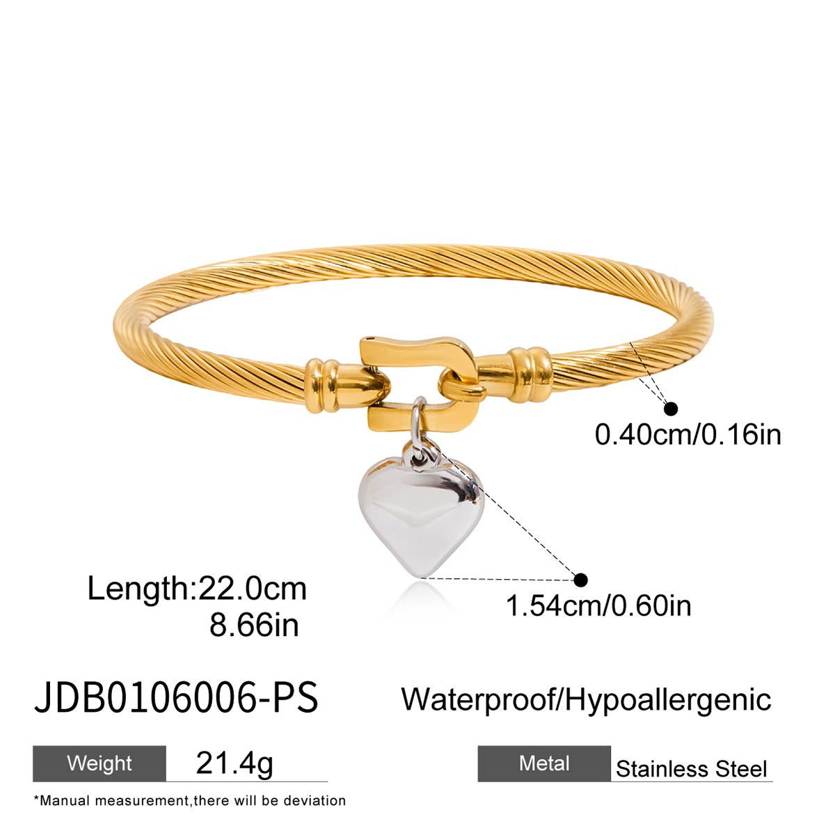 J&D Trendy Two Tone Heart Pendant Bracelet for Women 18K Gold Plated Horseshoe Clasp Shiny Smooth Minimalist Fine Jewelry - Image 6