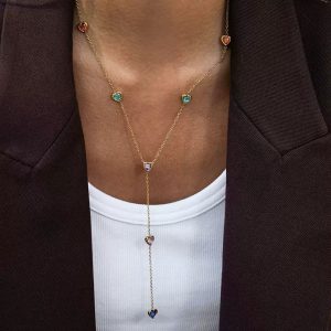 Multiple Heart Shaped Colorful Zircon Pendant Necklace Y Shaped Long Chains Waterproof Necklace Fashion Stainless Steel Jewelry