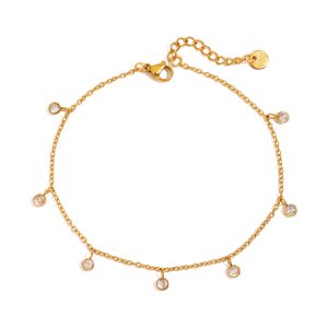 Women's 18K Gold Plated Stainless Steel Anklet Round CZ Stone Waterproof Spring Summer Jewelry Gift