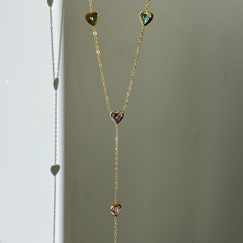 Multiple Heart Shaped Colorful Zircon Pendant Necklace Y Shaped Long Chains Waterproof Necklace Fashion Stainless Steel Jewelry - Image 3