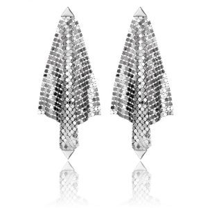 Large Luxury Dangle Earrings for Women Shiny Silver Plated Mesh Grid Sequins Metallic Disco Earrings for Prom Party Dress up Jew