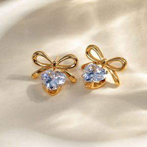 Fashion Jewelry Stainless Steel Hoop Earring 18k Gold Plated CZ Stone Pendent Bow Bowknot Drop Earring