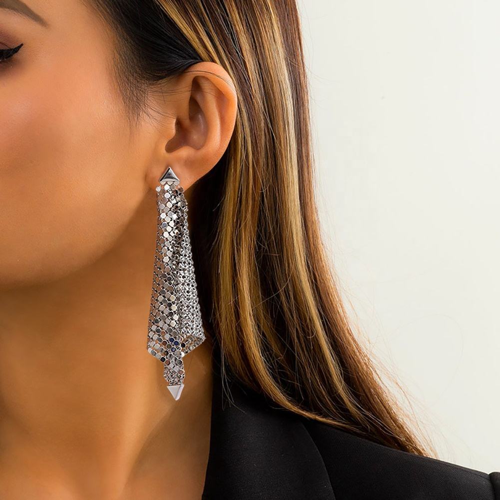Large Luxury Dangle Earrings for Women Shiny Silver Plated Mesh Grid Sequins Metallic Disco Earrings for Prom Party Dress up Jew - Image 3