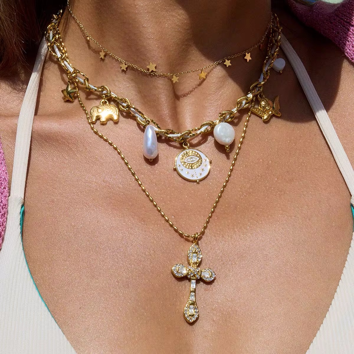 18K PVD Gold Plate Stainless Steel Necklace Waterproof Pearl Crab Pendant Bead String Necklace - Image 2